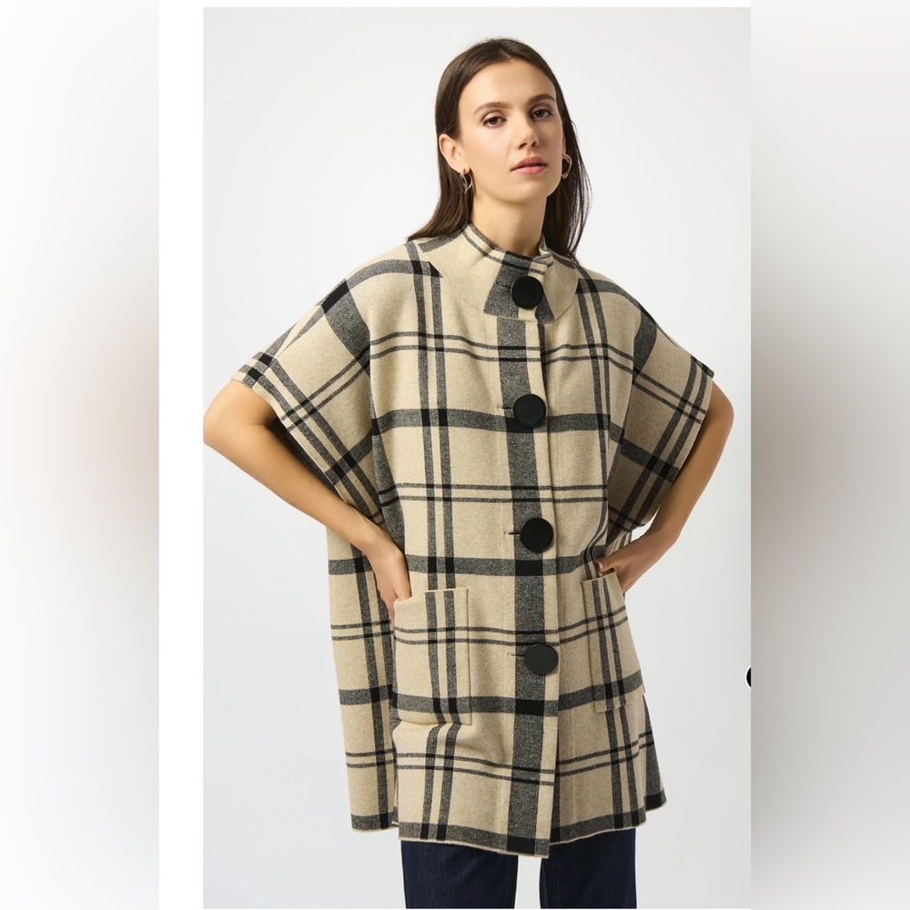 Joseph Ribkoff Beige and Black Plaid Cape